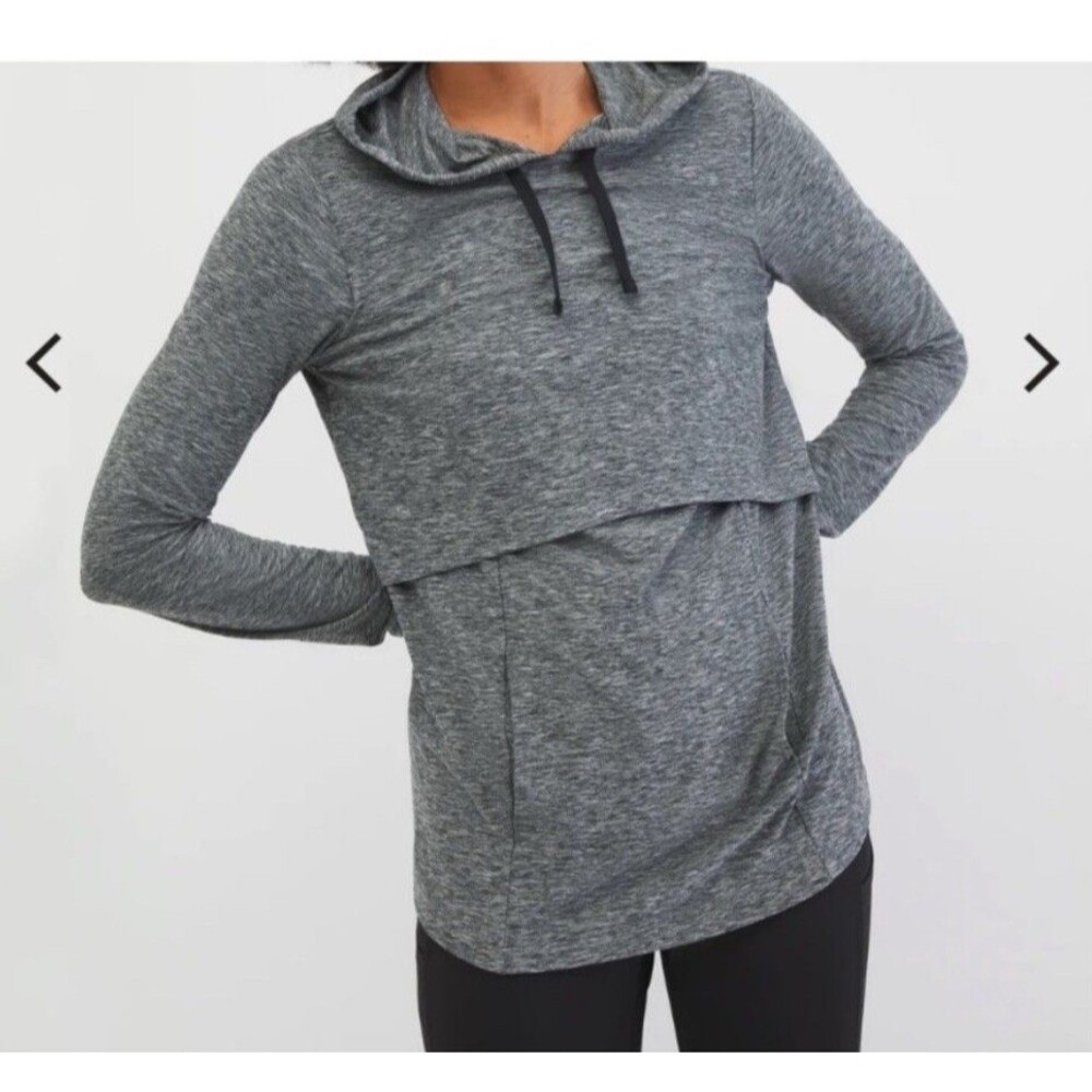 Motherhood Maternity Nursing Athletic Top Sz M Gray Hood Long Sleeve Thumb Holes